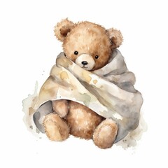 Watercolor teddy bear with a warm quilted blanket, single, white background. AI generated