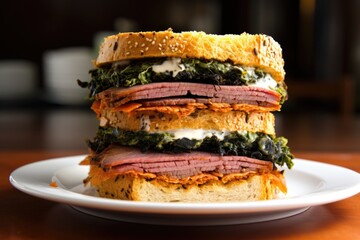 stacked high: a triple decker sandwich with roast beef - obrazy, fototapety, plakaty