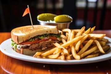 triple decker sandwich with a side of thick fries