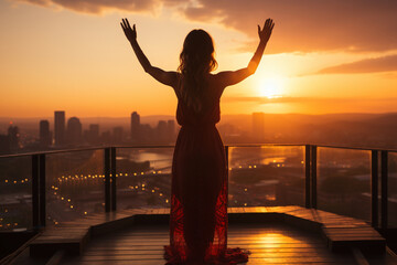 Fototapeta premium Silhouette - yoga girl is practicing on the rooftop while sunset. AI generative