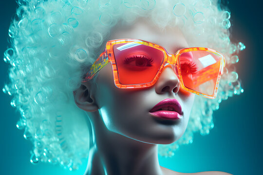 Portrait of  Fashion woman with neon costume and glasses in style of retro futurism, colorful bright cool look