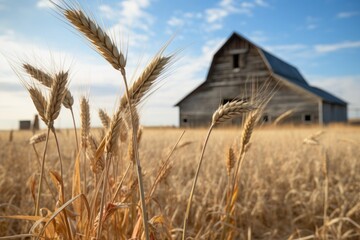 ears of wheat with a rustic, vintage barn in the background