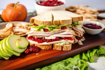 turkey and cranberry sandwich surrounded by raw ingredients