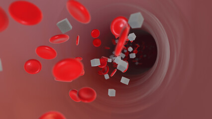 Red blood cells and diabetic cubes flowing through the artery	