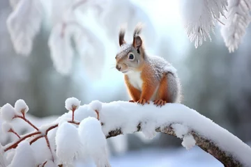 Foto op Canvas squirrel sitting on a snow-covered pine tree branch © altitudevisual