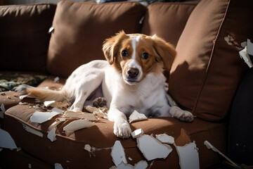 A dog that destroyed a couch - obrazy, fototapety, plakaty