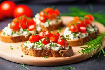 close-up of vegan cream cheese, cherry tomato and fresh dill bruschetta - obrazy, fototapety, plakaty