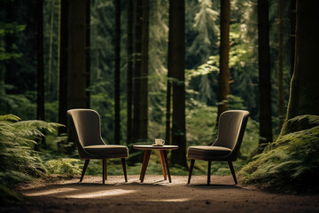 Obraz premium Two chairs and a table in the forest