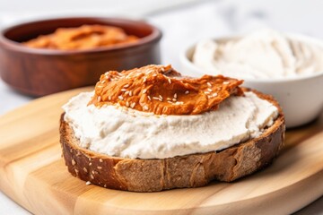 vegan cream cheese spread on a toasted bagel - obrazy, fototapety, plakaty