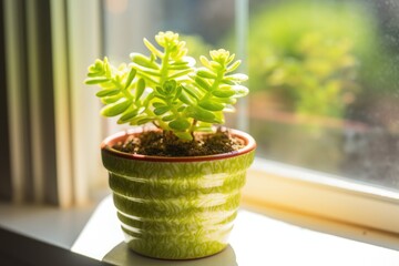 a tiny succulent plant in a mini pot on a sunlit windowsill