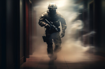 Fototapeta na wymiar SWAT soldier on the move, blurred motion, smokey background. Photorealistic illustration. Generative art
