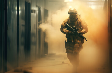 SWAT soldier on the move, blurred motion, smokey background. Photorealistic illustration. Generative art