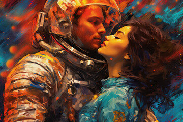 An astronaut and a woman surrounded abstract fractal elements. Artistic portrait	