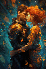 An astronaut and a woman surrounded abstract fractal elements. Artistic portrait	