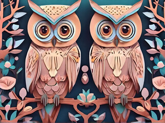 Owls painted background knolling papercutstyle pastel tones