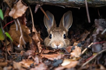 Naklejka na ściany i meble a rabbit huddled in its burrow during a rainy day