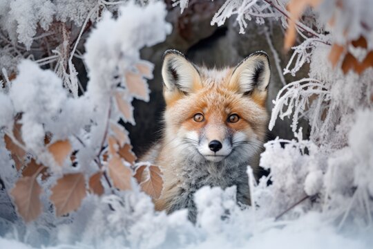 a fox peering curiously from its burrow during a crisp autumn frost