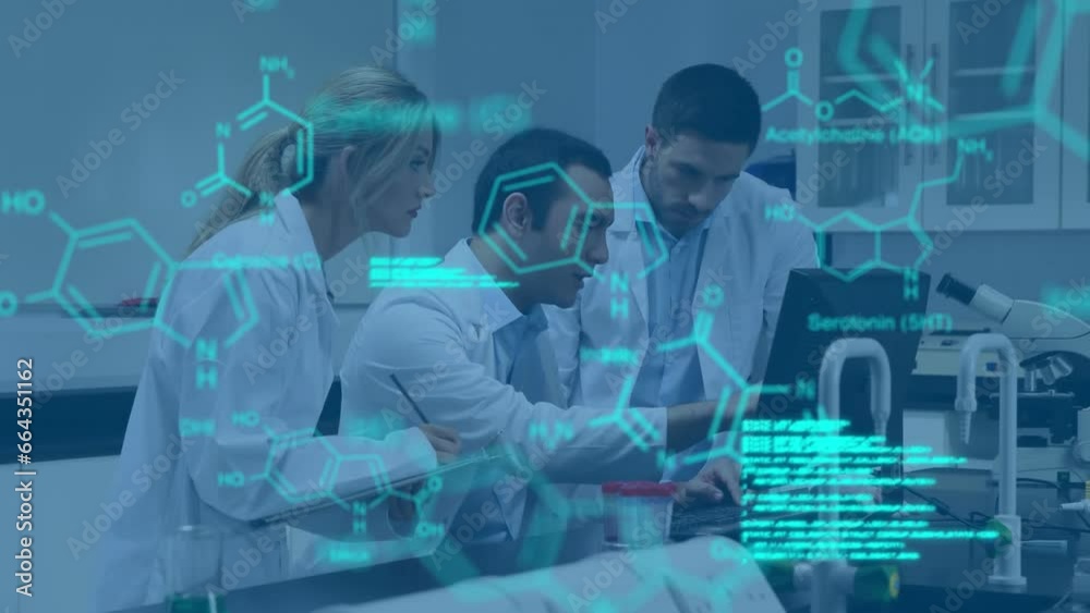 Poster animation of medical data processing over diverse scientists using computer together at laboratory