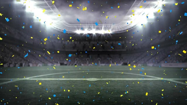 Animation of yellow and blue confetti falling against sports stadium
