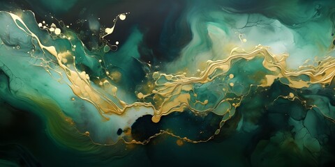 Acrylic marble painting in dark background with crushed gold. Made in fluid art style.