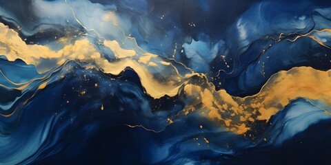Abstract marble waves painting with crushed gold. Made in fluid art style. - obrazy, fototapety, plakaty