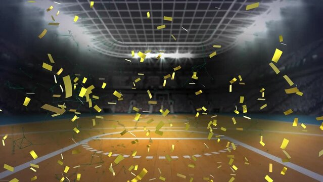 Animation of golden confetti falling against view of basketball court