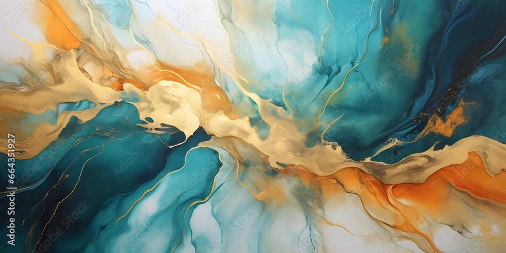 Wall mural Abstract marble waves painting with crushed gold. Made in fluid art style.