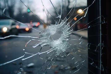 a shattered window with glass shards on the street