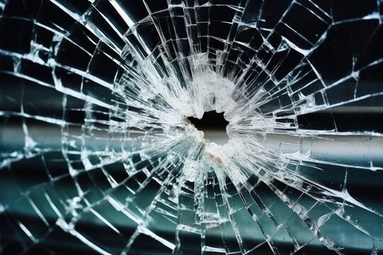 a shattered window with glass shards on the street