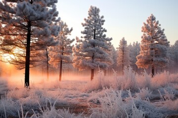 Fototapeta premium pine trees covered in morning frost