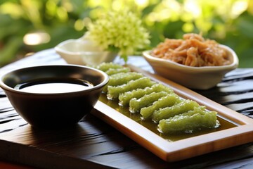 fresh wasabi paste next to a bowl of soy sauce on a sushi platter