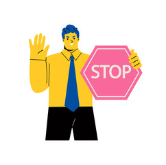 Business man holding traffic road sign stop. Stop sign and rejection concept. Flat vector illustration isolated on white background