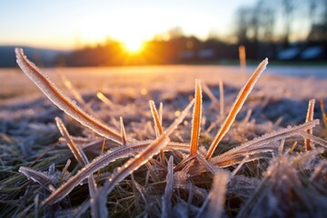 low angle shot of frosty blades of grass at sunrise