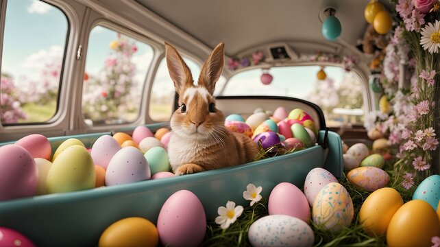 Easter theme picture of bunnies surrounded by easter eggs and trees around a tiny car. Cute white bunnies with a colorful objects theme. AI Generative 