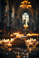 The cross, candles, and the Bible laid side by side inside the church, bokeh background. AI generative