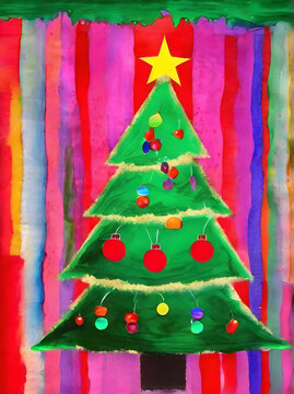 Christmas background with painted tree knolling watercolour