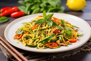 zoodles in a stir-fry with colourful bell peppers