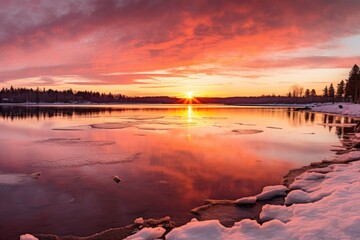winter solstice sunset highlighting a frozen lake