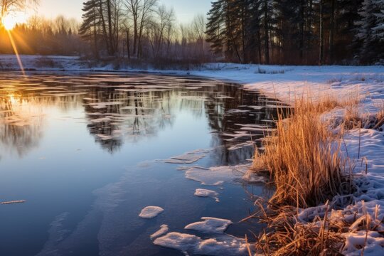 early morning light reflecting on a frozen pond