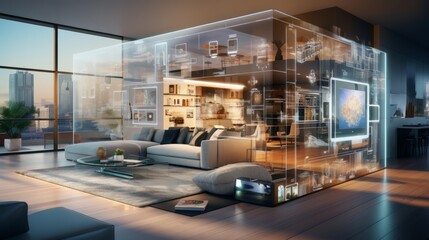 Smart home technology refers to the concept of a virtual interface that can be used to manage and operate a wide range of systems and devices within a household - obrazy, fototapety, plakaty