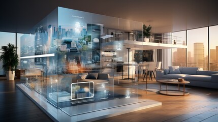 Obraz premium Smart home technology refers to the concept of a virtual interface that can be used to manage and operate a wide range of systems and devices within a household