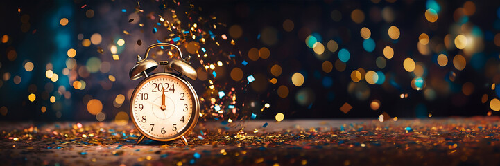 Midnight on New Year eve 2024, alarm clock on panoramic bokeh lights glittering background with...