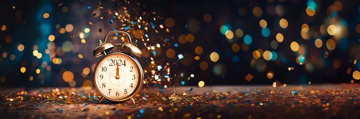 Fotobehang Midnight on New Year eve 2024, alarm clock on panoramic bokeh lights glittering background with copy space © Delphotostock