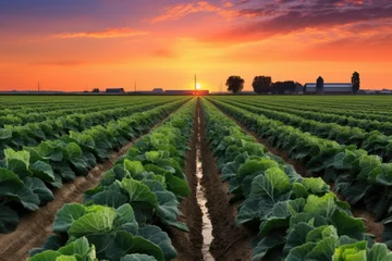 Foto op Plexiglas rows of watermelon plants in a field during sunset © Alfazet Chronicles