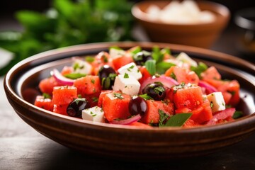 close-up of watermelon salad with feta cheese and olives
