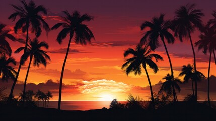 Tropikal bir gün doğumu veya gün batımının arka planında palmiye ağaçlarının silueti.