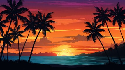 Fototapeta na wymiar Tropikal bir gün doğumu veya gün batımının arka planında palmiye ağaçlarının silueti.