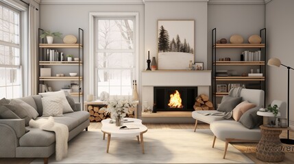  a living room filled with furniture and a fire place next to a window.  generative ai