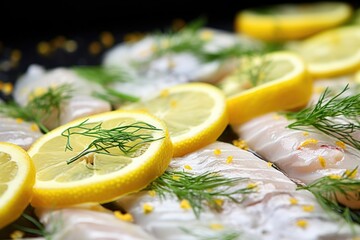 macro snap of fish scales with lemon zest and herbs on top - obrazy, fototapety, plakaty