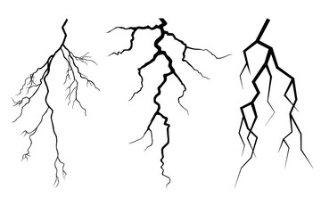 Vector lightning silhouettes set. Elements for thunderstorm.